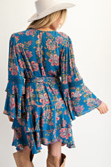 Easel Exclusive Floral Print Mini Dress in Teal