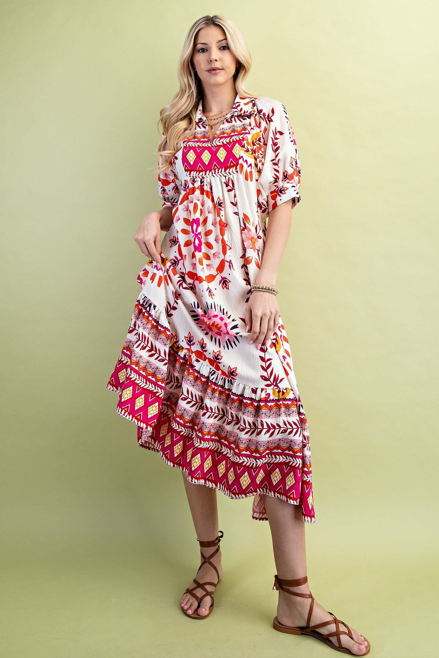 GiGio Mixed Abstract Print Midi Dress in Cream/Pink