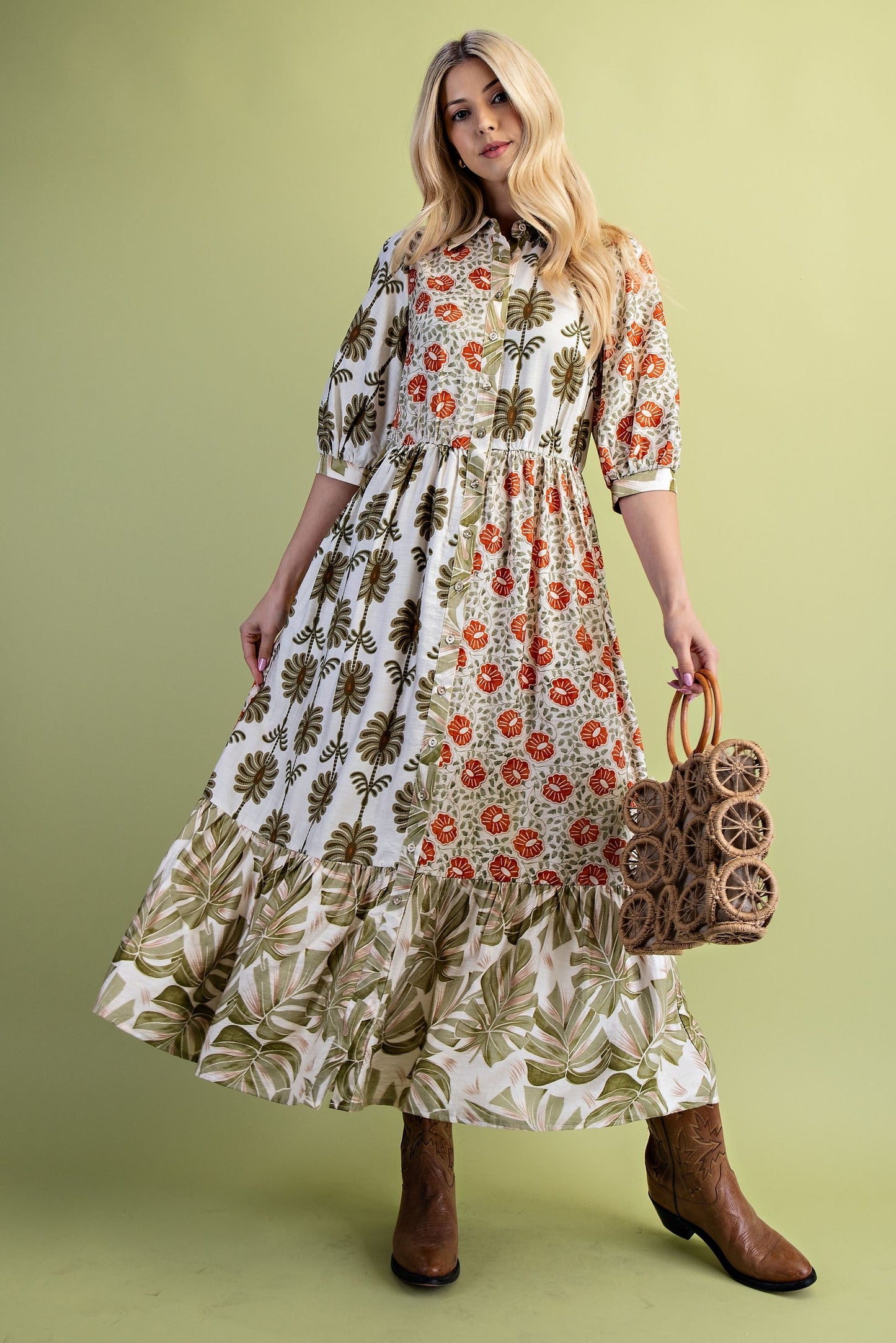 GiGio Mixed Print Button Down Front Maxi Dress in Olive Mix