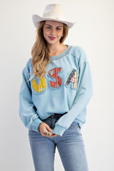 Easel Soft Washed Terry Knit Sweatshirt with Mixed Print USA Patched Front in Dusk Blue