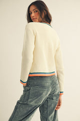 LovLov Knit Cardigan with Multi Colored Striped Trim in Ivory