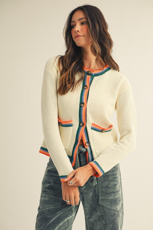 LovLov Knit Cardigan with Multi Colored Striped Trim in Ivory