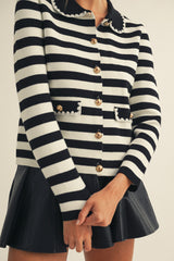 LovLov Luxe Antique Button Classic Cardigan in Lily White & Black