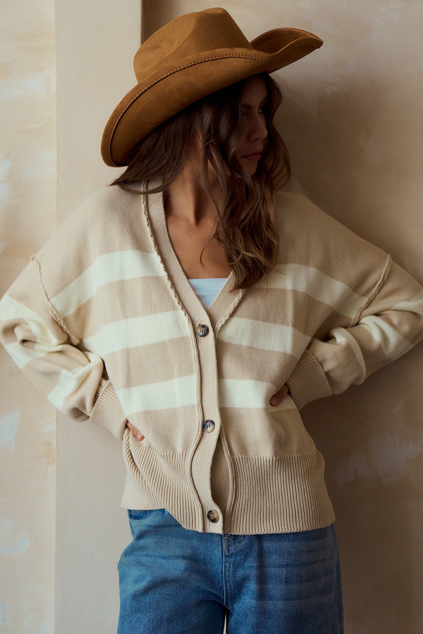 LovLov Contrasting Color Striped Knit Cardigan in Oatmeal/Ivory