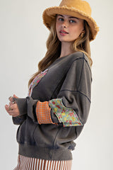Easel Terry Knit Sweatshirt with Mix n Match Print Heart Patch in Ash