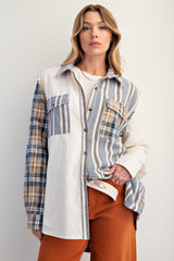 Easel Mixed Print Patchwork Shacket with Back Star Patches in Cream Blue