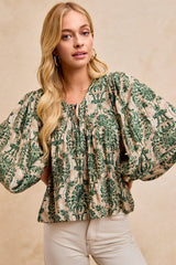 BiBi Two Tone Abstract Print Top in Tan/Olive