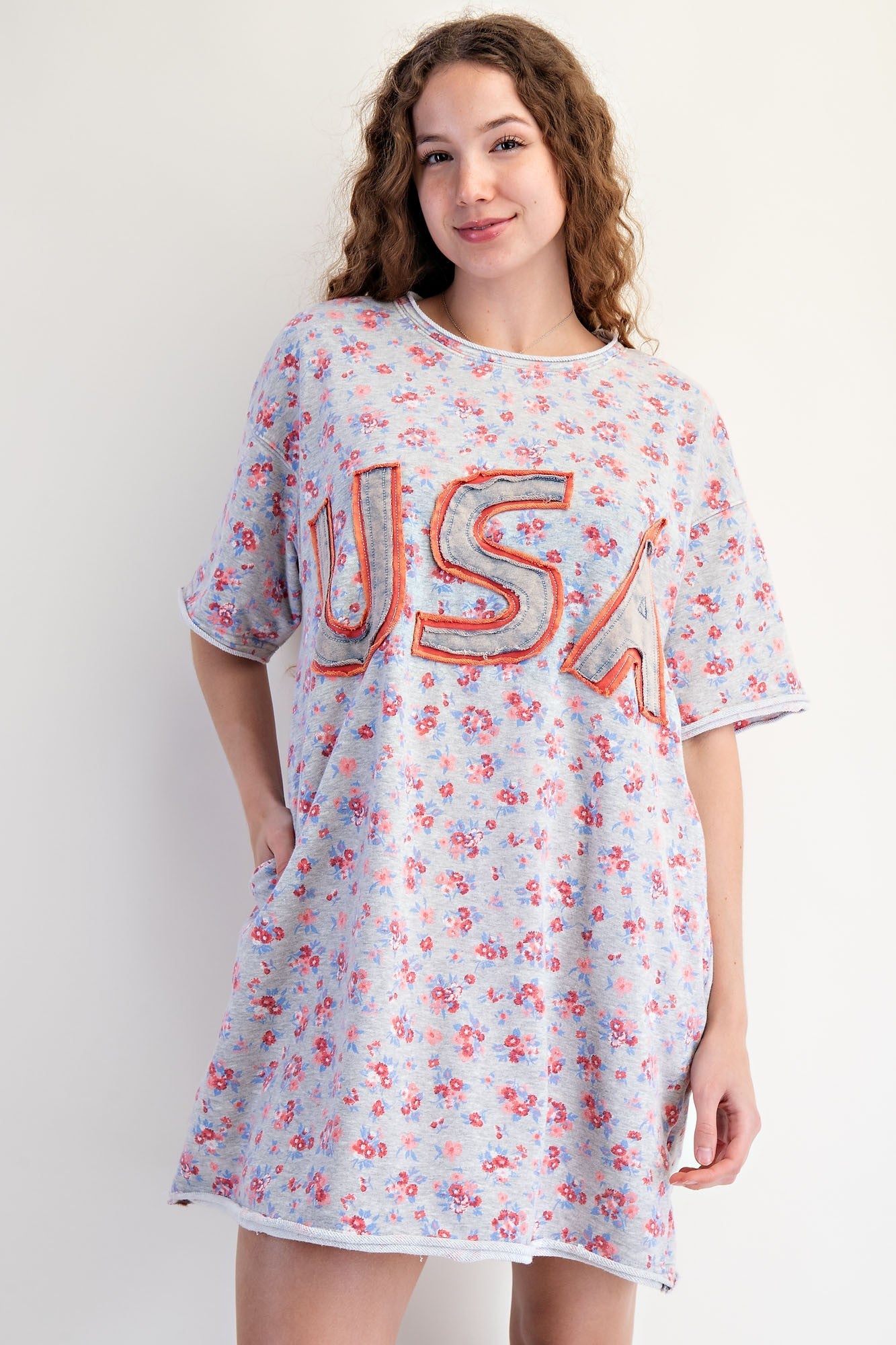 Easel Terry Knit Floral Print Mini Dress with USA Letter patched Front in Heather Grey