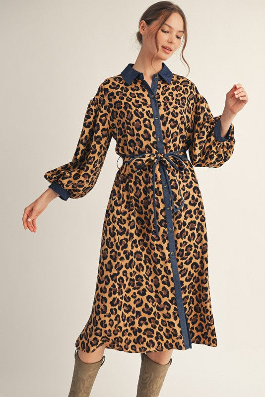 Jodifl Button Down Front Leopard Print Midi Dress in Animal ON ORDER