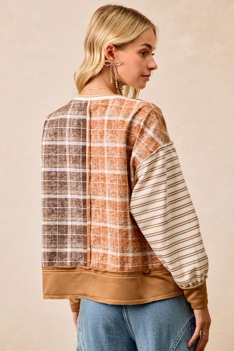 BiBi Plaid and Stripe Color Block Top in Rust/Dark Mocha