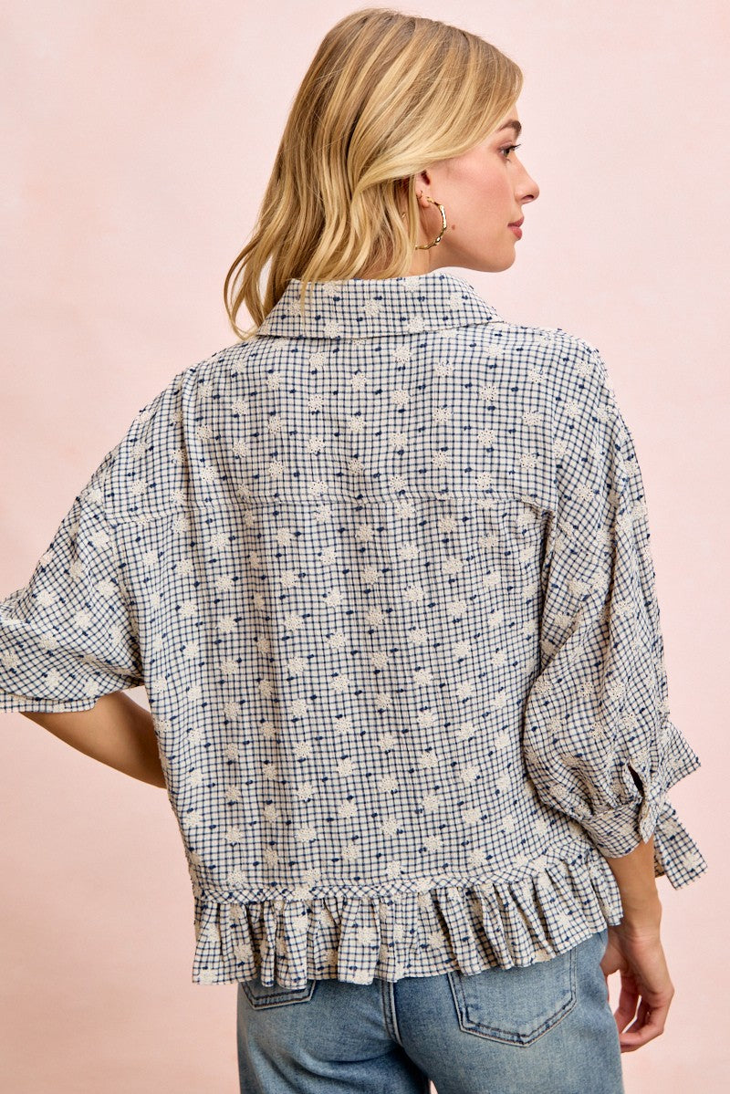 BiBi Floral Embroidery Grid Checked Ruffled Hem Button-Up Top in Navy