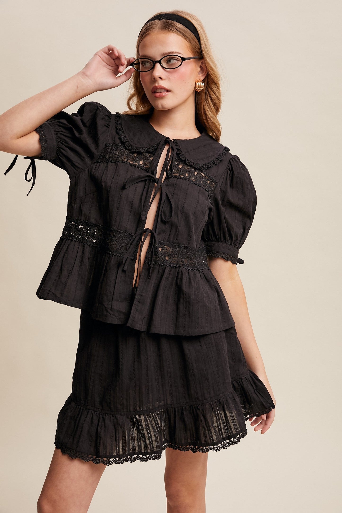 Listicle Lace Trim Peplum Top and Skirt Set in Black