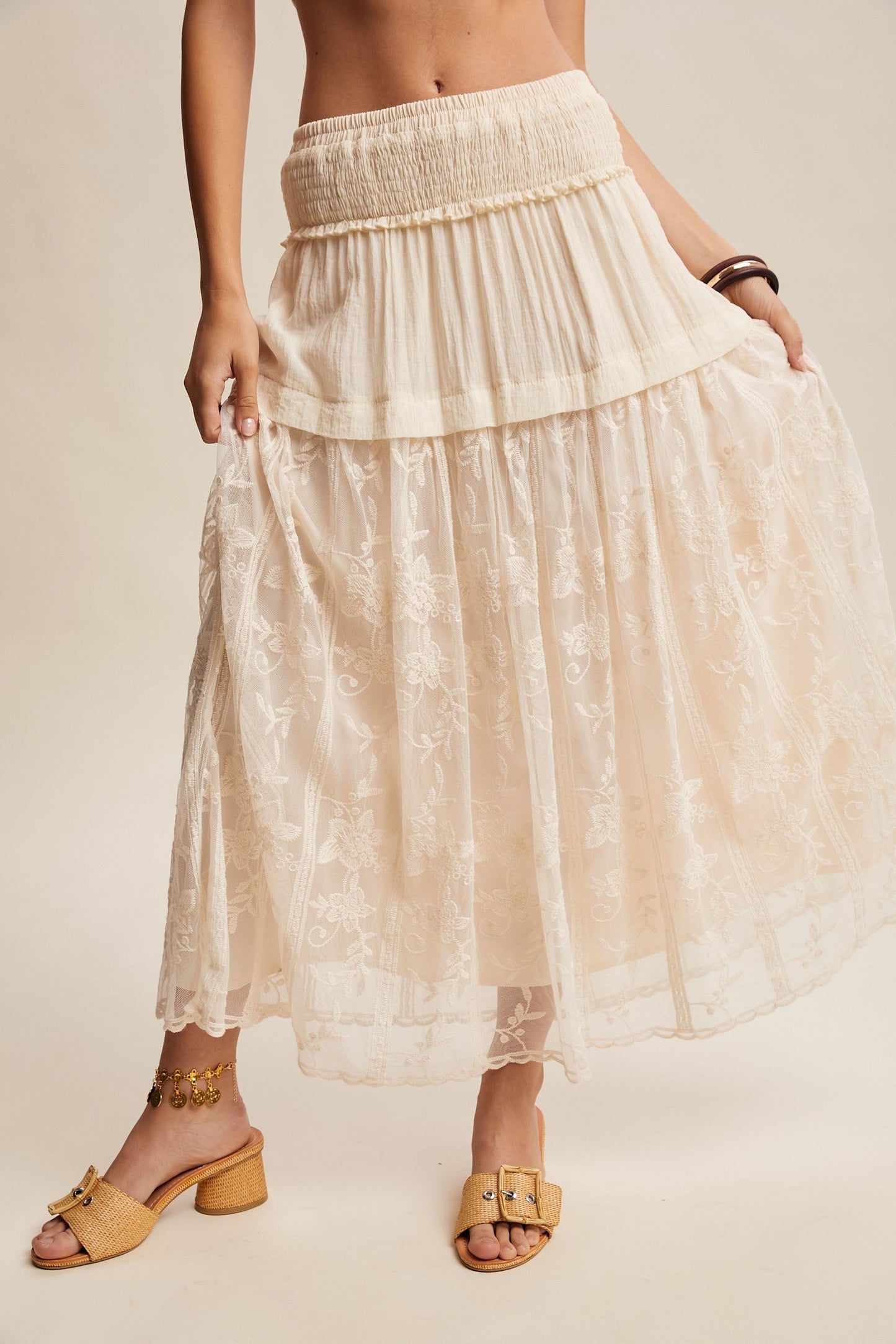 Listicle Embroidered Maxi Skirt in Ecru