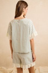 BiBi Stripes And Eyelet Lace Ruffled Top And Shorts Set in Eucalyptus