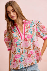 BiBi Woven Flower Print Top with Contrasting Trim in Pink