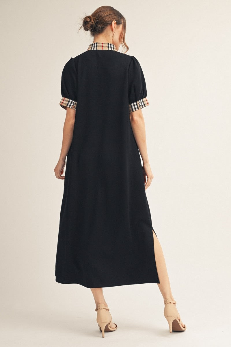 Jodifl Solid Color Midi Dress with Contrasting Classic Check in Black ON ORDER