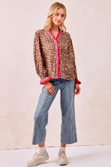 BiBi Long Sleeve Leopard Print Top with Contrasting Wavy Trim in Leopard