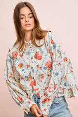 BiBi Floral Ruffle Hem Button-Up Blouse