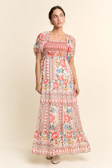 Davi & Dani Boho Floral Print Chiffon Maxi Dress in White Red