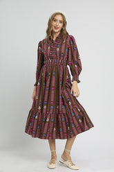Umgee Stripped Floral Print Midi Dress in Brown Mix