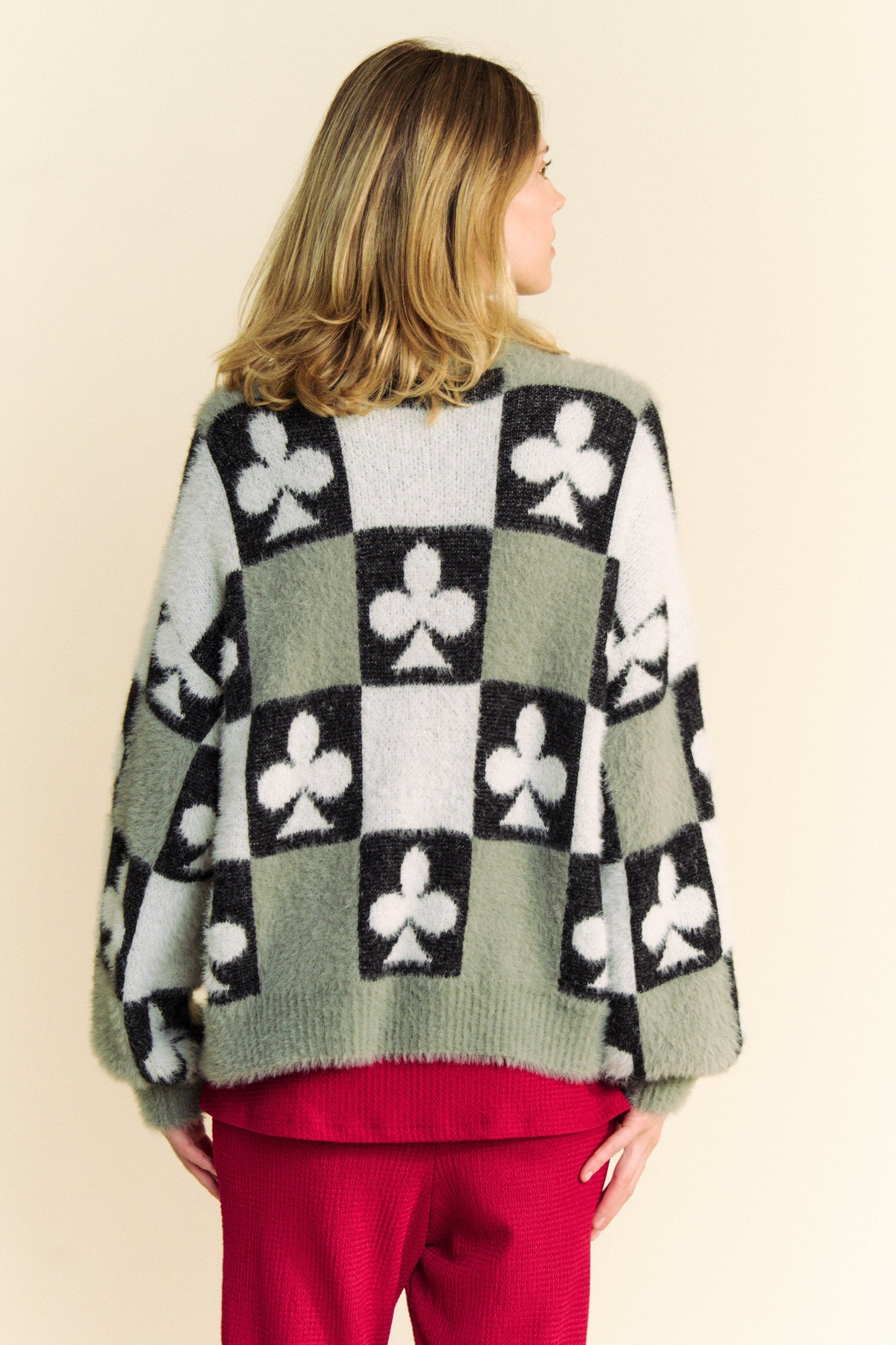 Davi & Dani Front Button Down Cardigan with Checkered & Clover Print in Black Beige FINAL SALE
