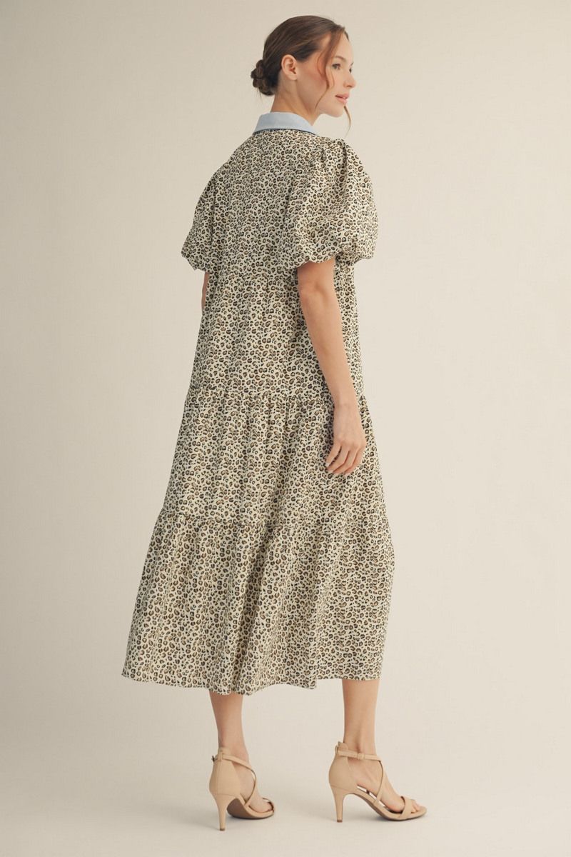 Jodifl Leopard Print Tiered Midi Dress with Contrast Trim in Blue