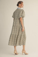 Jodifl Leopard Print Tiered Midi Dress with Contrast Trim in Blue