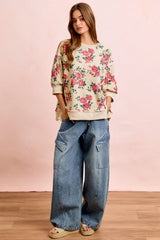 BiBi Rose Printed Terry Knit Relaxed Top in Cream ON ORDER
