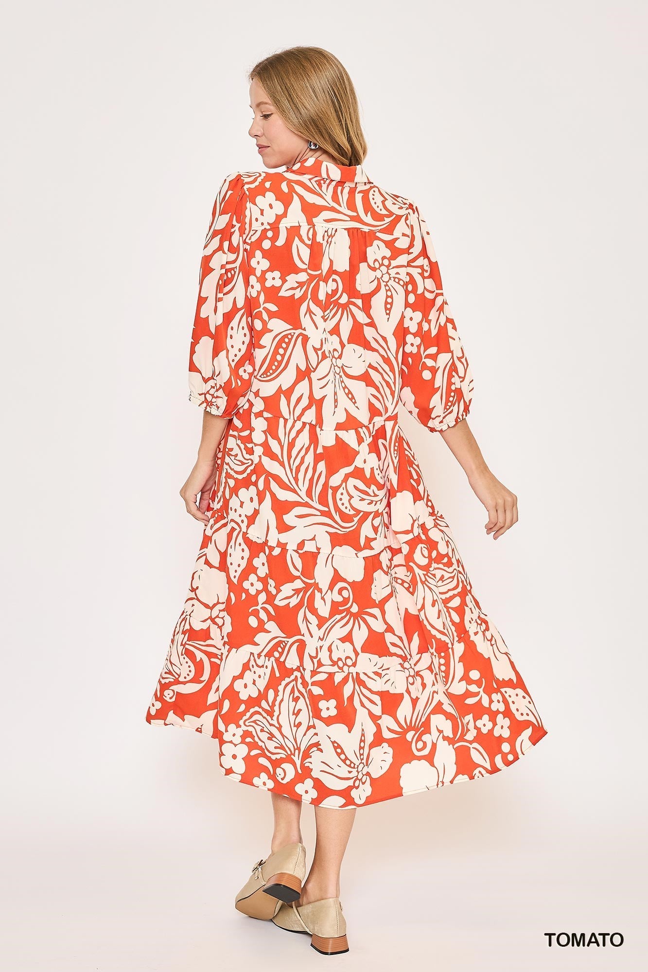 Umgee Two Toned Floral Print Tiered Midi Dress in Tomato
