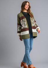 Umgee Multi Color Animal Print Colorblock Sweater Cardigan in Brown/Olive