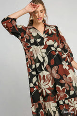 Umgee Floral Print Midi Dress in Rust Mix