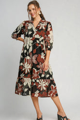 Umgee Floral Print Midi Dress in Rust Mix