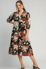 Umgee Floral Print Midi Dress in Rust Mix