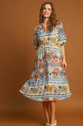 Umgee Border Print Midi Dress in Blue Mix