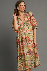 Umgee Border Print Midi Dress in Green Mix