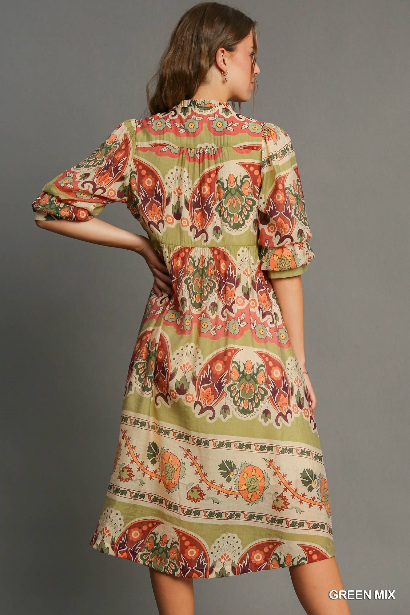 Umgee Border Print Midi Dress in Green Mix
