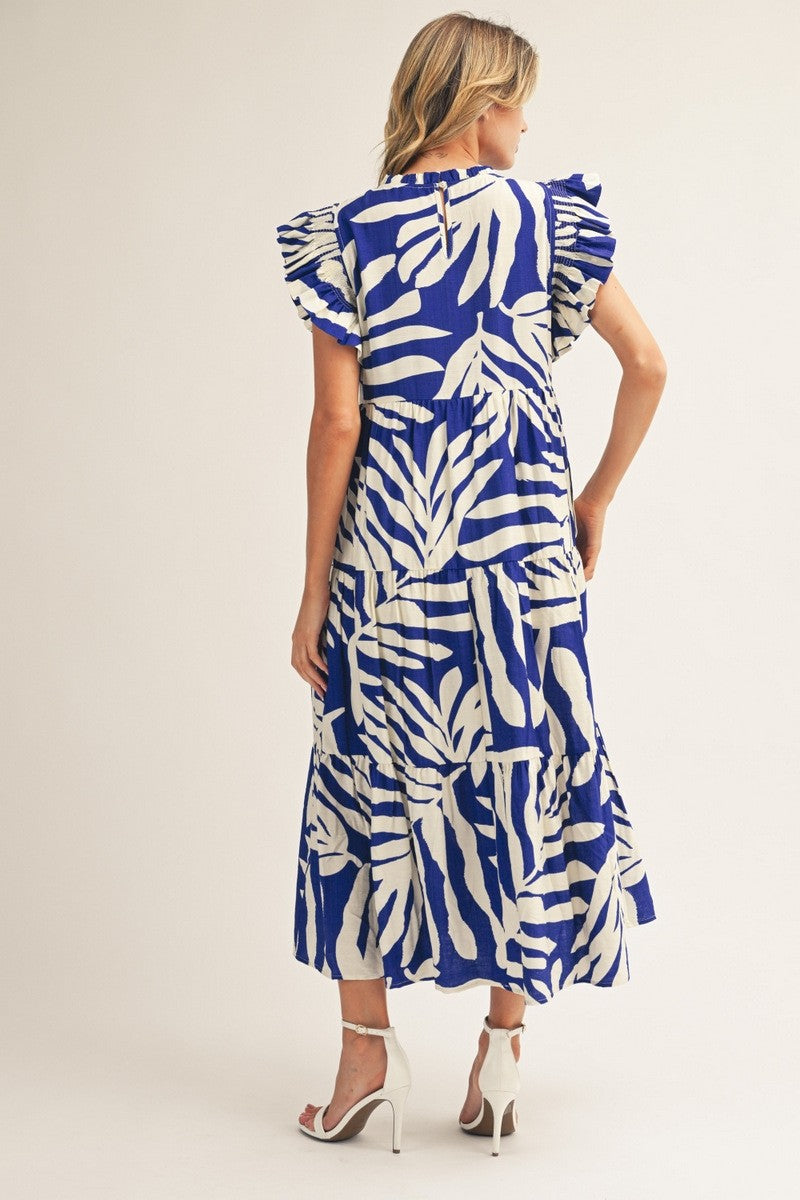 Jodifl Tropical Palm Print Tiered Midi Dress in Royal