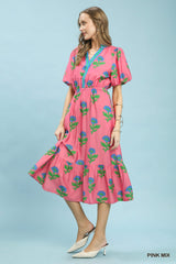 Umgee Floral Print V-Neck Midi Dress in Pink