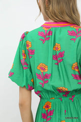 Umgee Floral Print V-Neck Midi Dress in Green