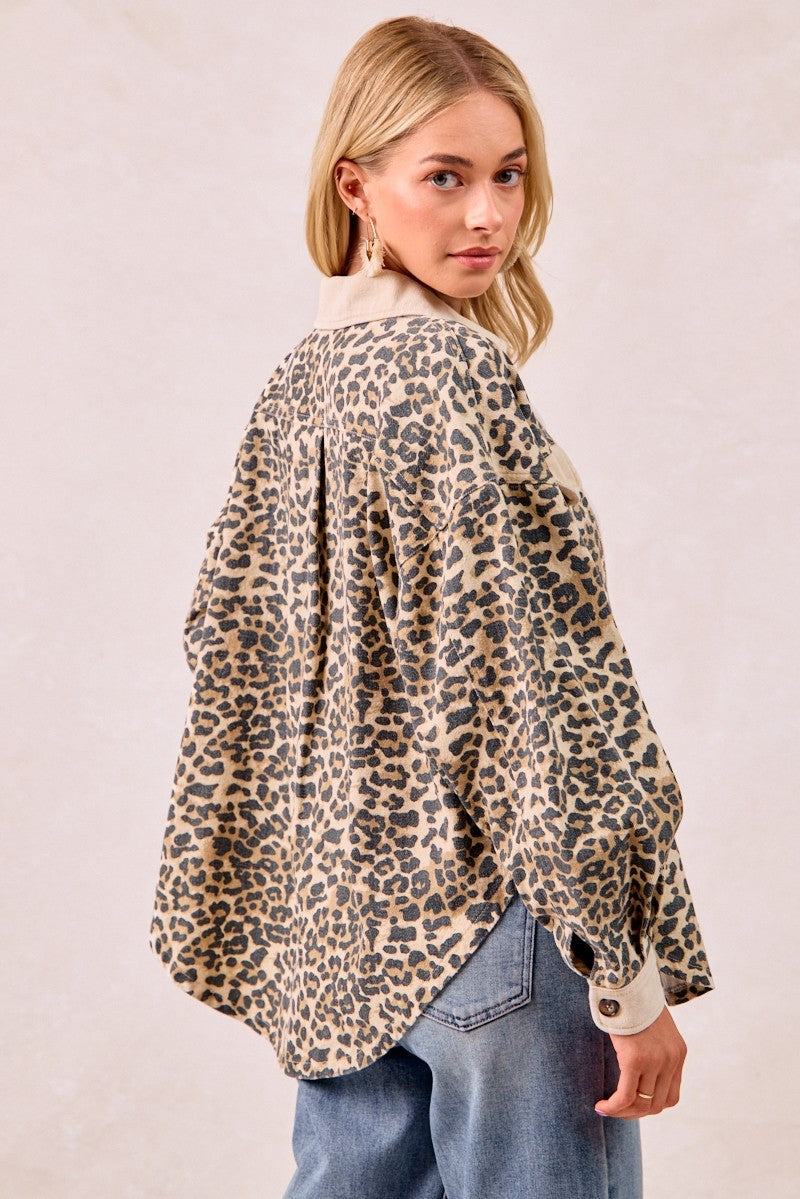 BiBi Mineral Washed Leopard Print Shacket