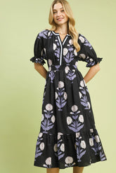 Umgee Bold Floral Print Midi Dress in Black/Blue