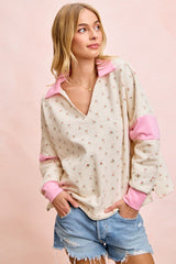BiBi Floral Print French Terry V Neck Collared Top in Ivory/Pink