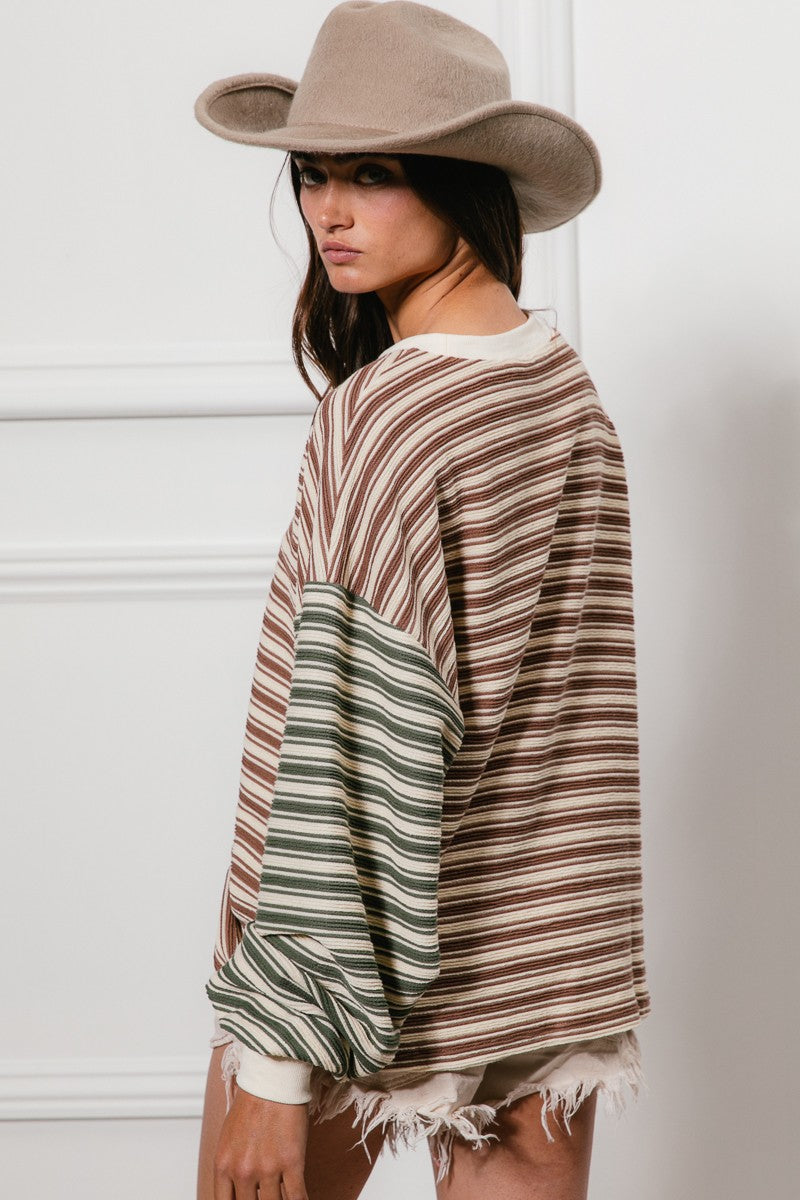 BiBi Multi Color Mixed Striped Top in Mocha/Rust/Olive