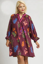 Umgee Floral Print Shift Mini Dress in Burgundy Mix