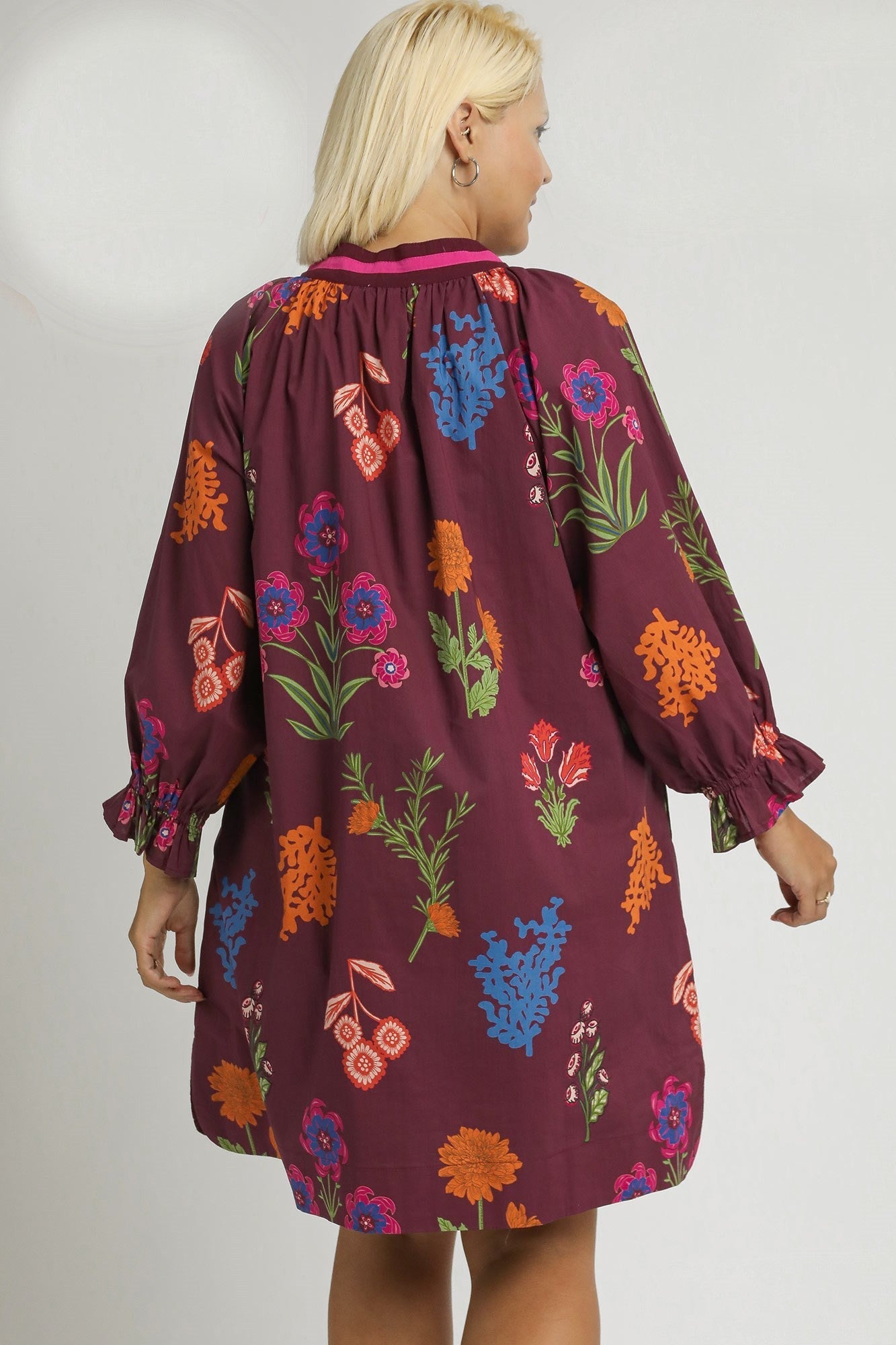 Umgee Floral Print Shift Mini Dress in Burgundy Mix