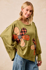 BiBi OVERSIZED Mixed Plaid Flower Patched French Terry Top in Olive