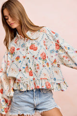 BiBi Floral Ruffle Hem Button-Up Blouse
