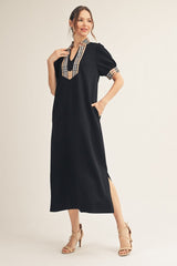 Jodifl Solid Color Midi Dress with Contrasting Classic Check in Black ON ORDER