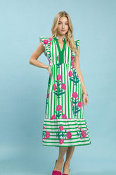 Umgee Mix Striped Floral Midi Dress in Green Mix