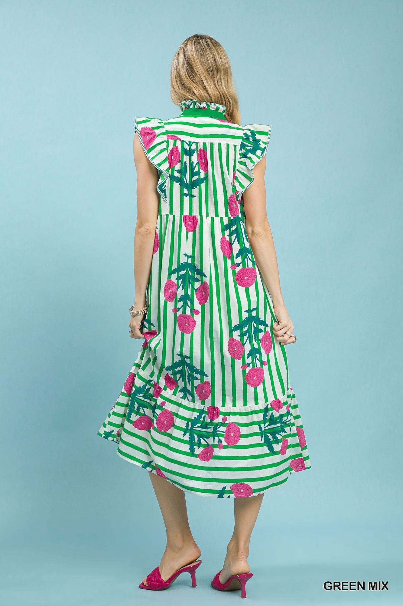 Umgee Mix Striped Floral Midi Dress in Green Mix